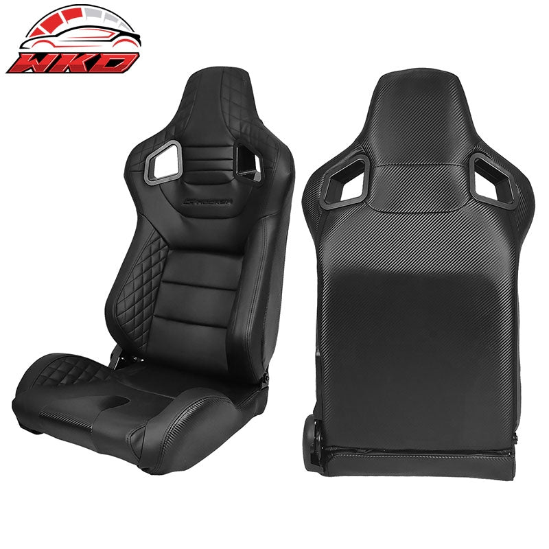Universal Pair Reclinable Racing Seats + Dual Slider Black PU&Carbon Leather