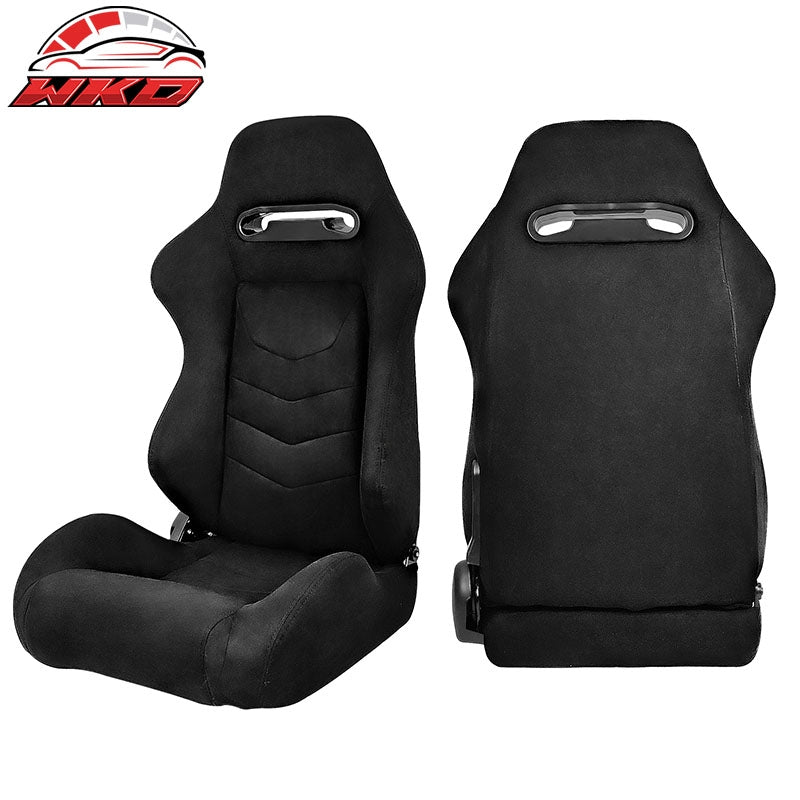 Universal Pair Reclinable Racing Seats Dual Slider Black Suede&Carbon Leather