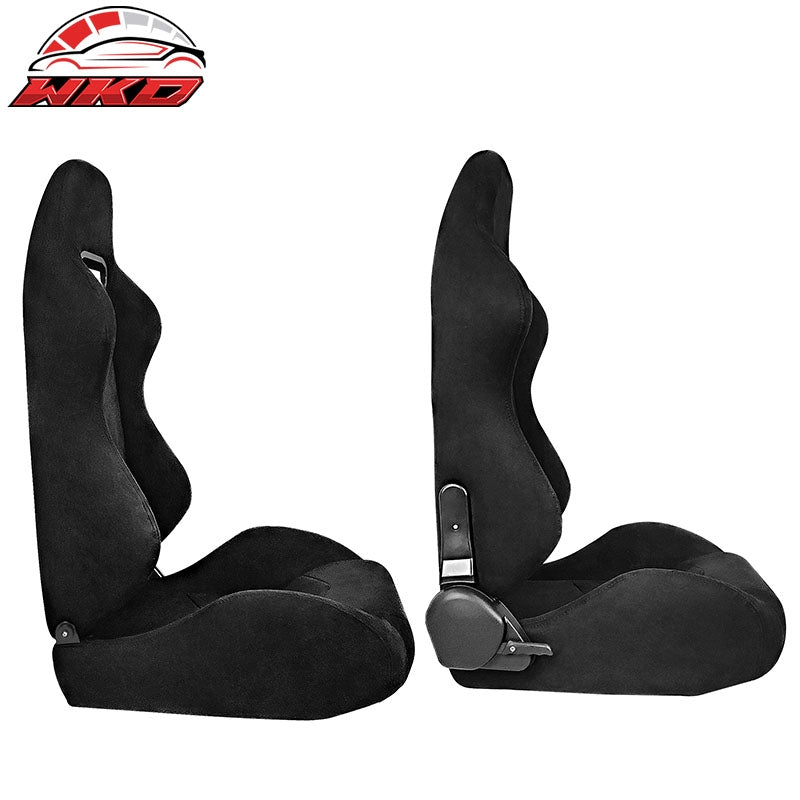 Universal Pair Reclinable Racing Seats Dual Slider Black Suede&Carbon Leather