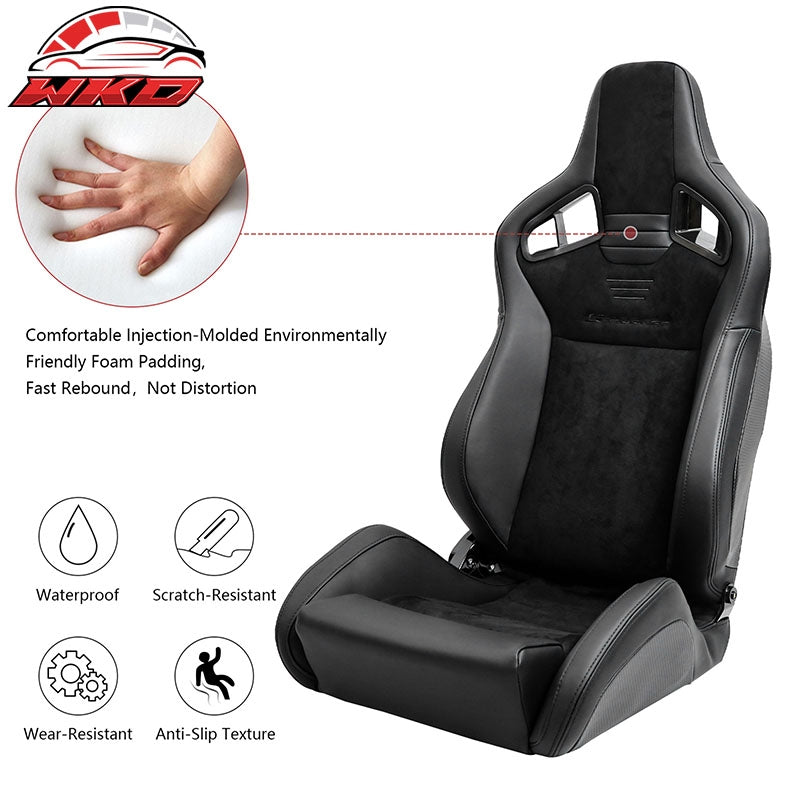 Universal Pair Reclinable Racing Seats w/Dual Slider Suede PU Carbon Leather