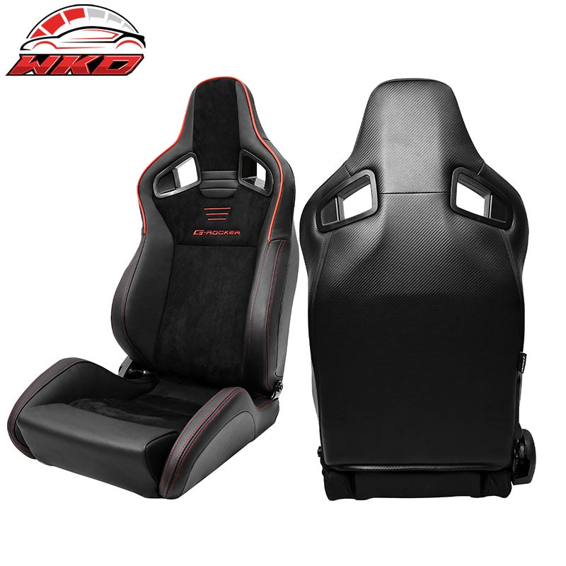 Universal Pair Reclinable Racing Seats Dual Slider Suede PU Carbon Leather Red