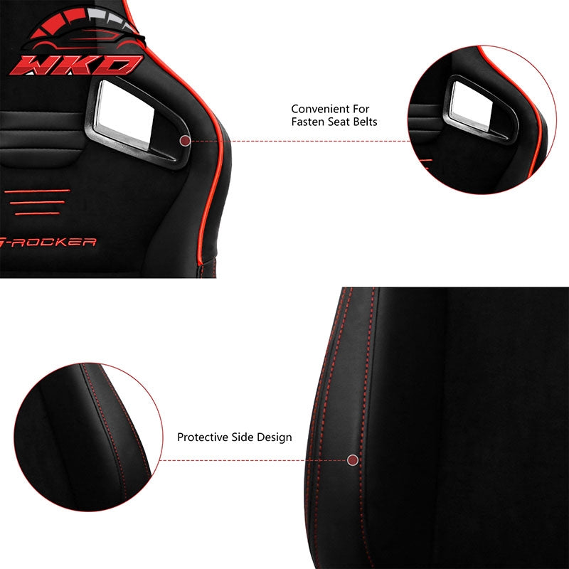 Universal Pair Reclinable Racing Seats Dual Slider Suede PU Carbon Leather Red