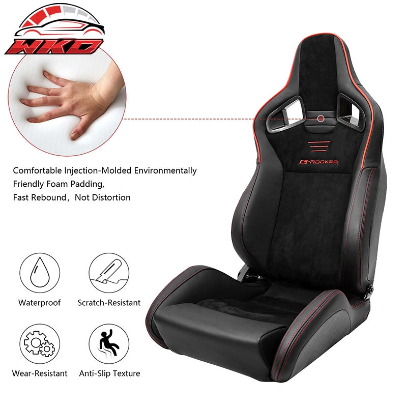 Universal Pair Reclinable Racing Seats Dual Slider Suede PU Carbon Leather Red