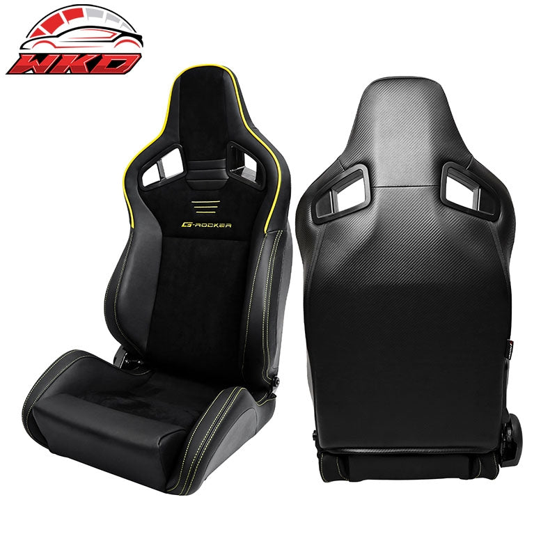 Universal 2x Reclinable Racing Seats Dual Slider Suede PU Carbon Leather Yellow