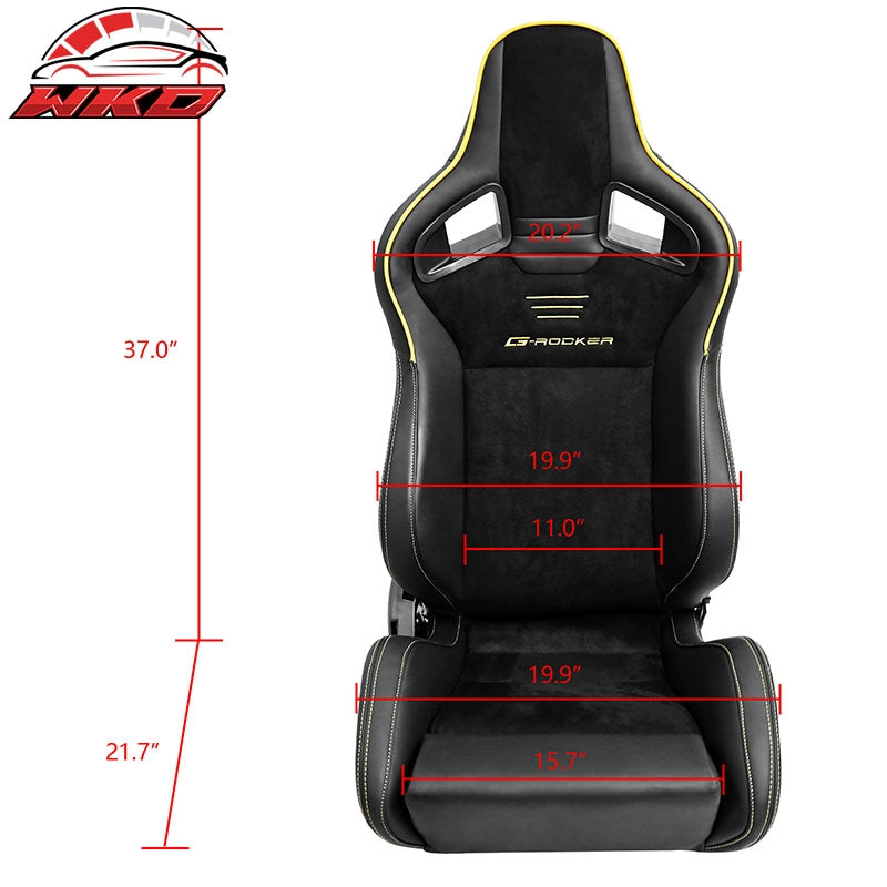 Universal 2x Reclinable Racing Seats Dual Slider Suede PU Carbon Leather Yellow