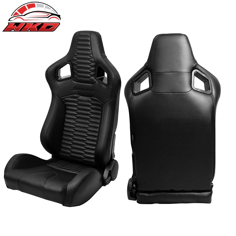 Universal Pair Reclinable Racing Seats w/Dual Slider PU Carbon Leather Black