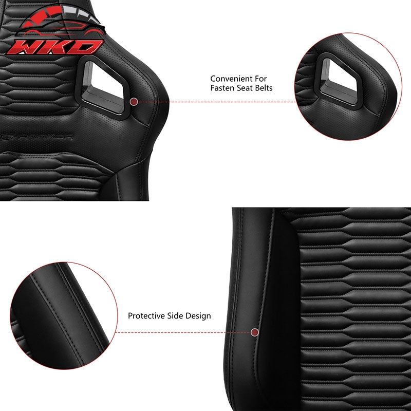 Universal Pair Reclinable Racing Seats w/Dual Slider PU Carbon Leather Black