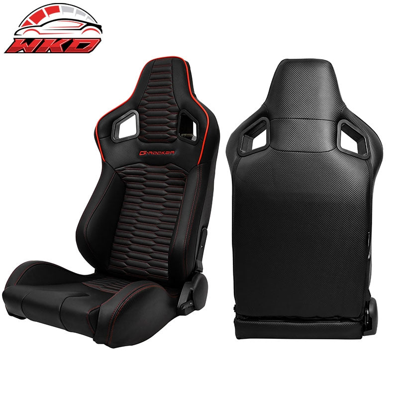 Universal Pair Reclinable Racing Seats Dual Slider PU Carbon Leather Red Strip