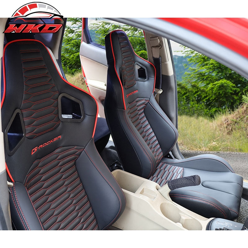 Universal Pair Reclinable Racing Seats Dual Slider PU Carbon Leather Red Strip