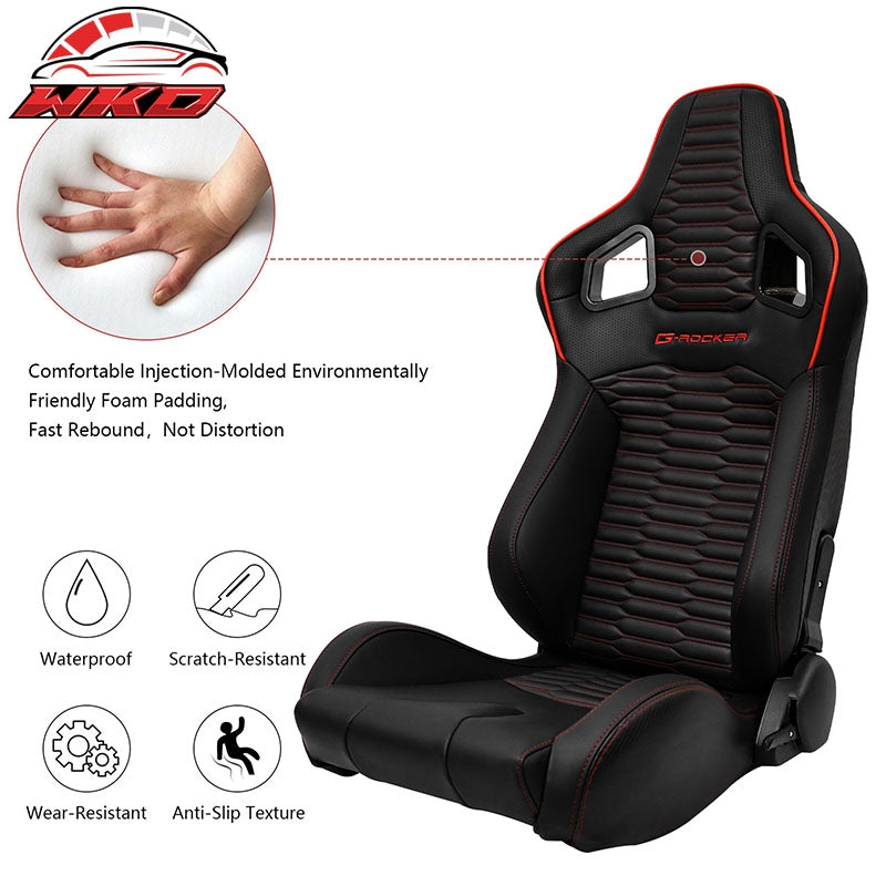 Universal Pair Reclinable Racing Seats Dual Slider PU Carbon Leather Red Strip