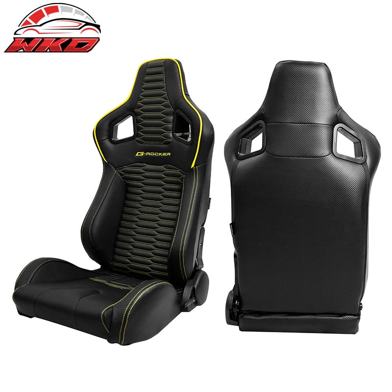 Universal 2x Reclinable Racing Seats Dual Slider PU Carbon Leather Yellow Strip