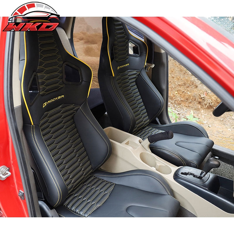 Universal 2x Reclinable Racing Seats Dual Slider PU Carbon Leather Yellow Strip