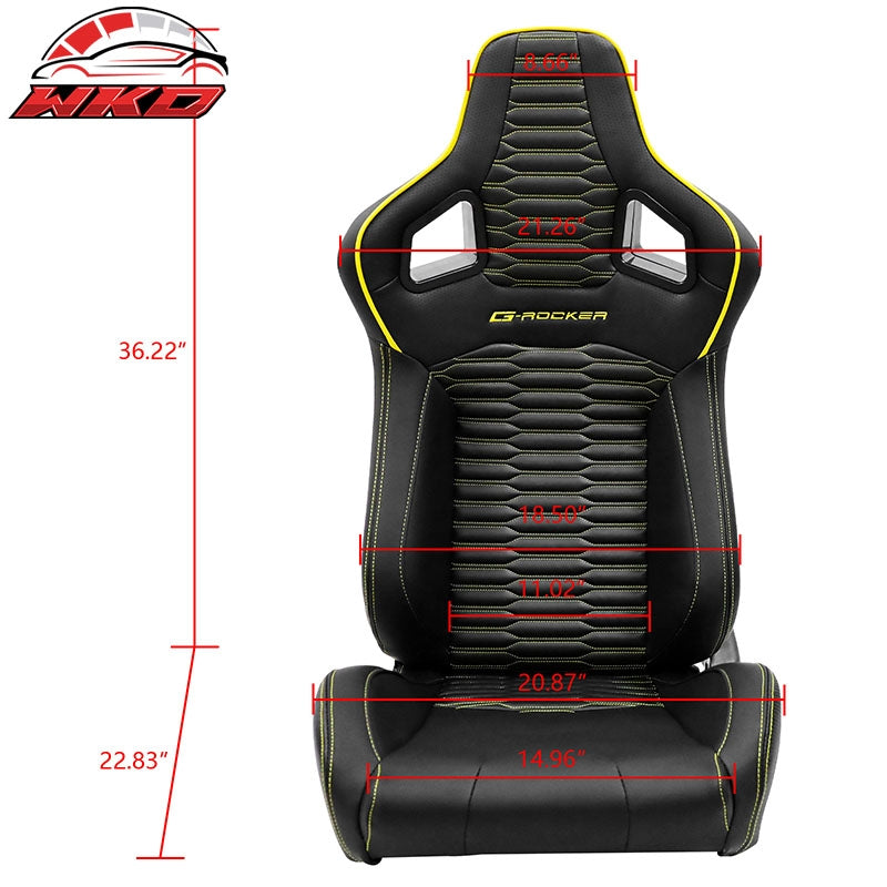 Universal 2x Reclinable Racing Seats Dual Slider PU Carbon Leather Yellow Strip