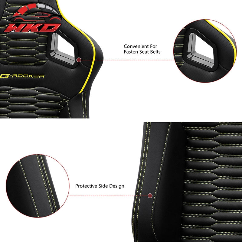 Universal 2x Reclinable Racing Seats Dual Slider PU Carbon Leather Yellow Strip