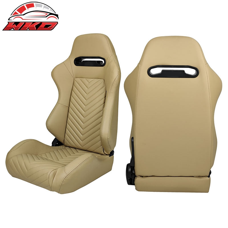 Universal Pair Reclinable Racing Seats Dual Sliders Brown PU&Carbon Leather Back