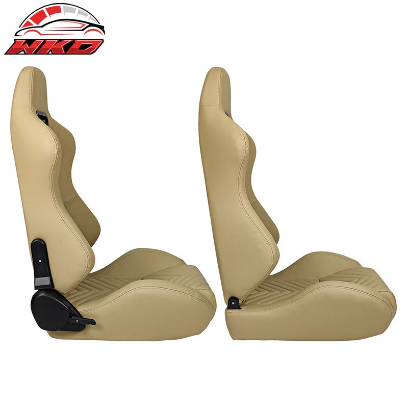 Universal Pair Reclinable Racing Seats Dual Sliders Brown PU&Carbon Leather Back