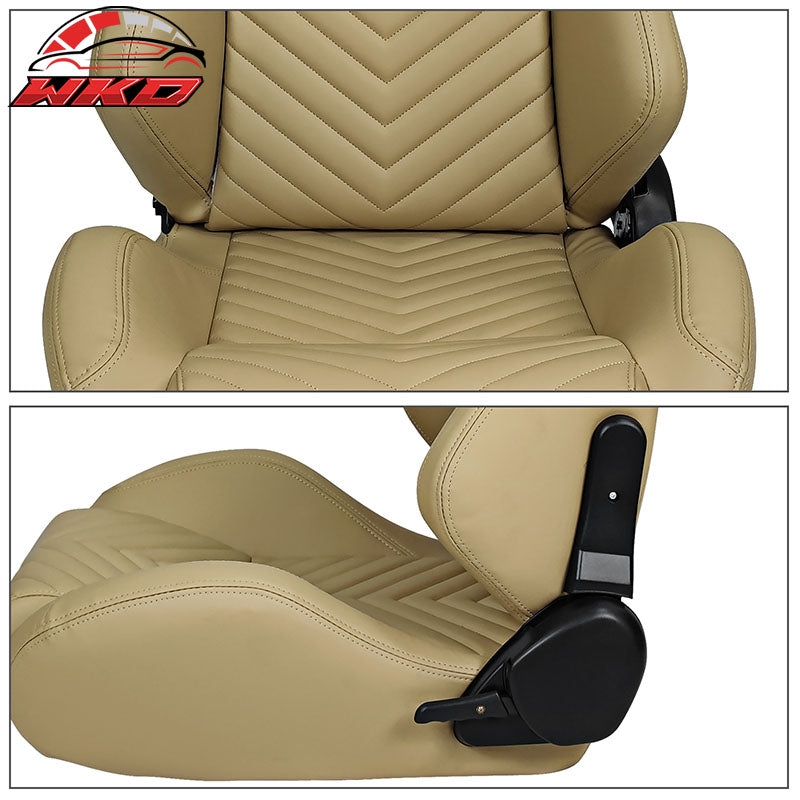 Universal Pair Reclinable Racing Seats Dual Sliders Brown PU&Carbon Leather Back