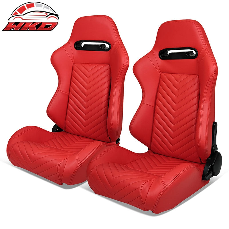Wholesale Universal Pair Reclinable Racing Seats + Dual Sliders Red PU Leather