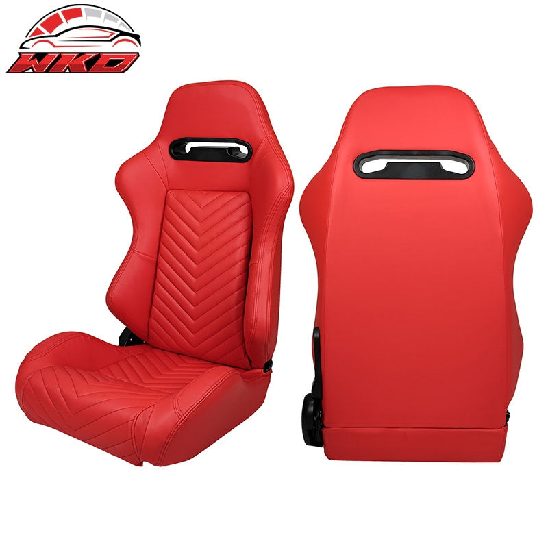Universal Pair Reclinable Racing Seats + Dual Sliders Red PU Leather