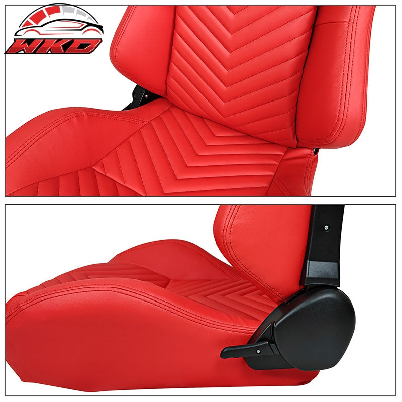 Universal Pair Reclinable Racing Seats + Dual Sliders Red PU Leather