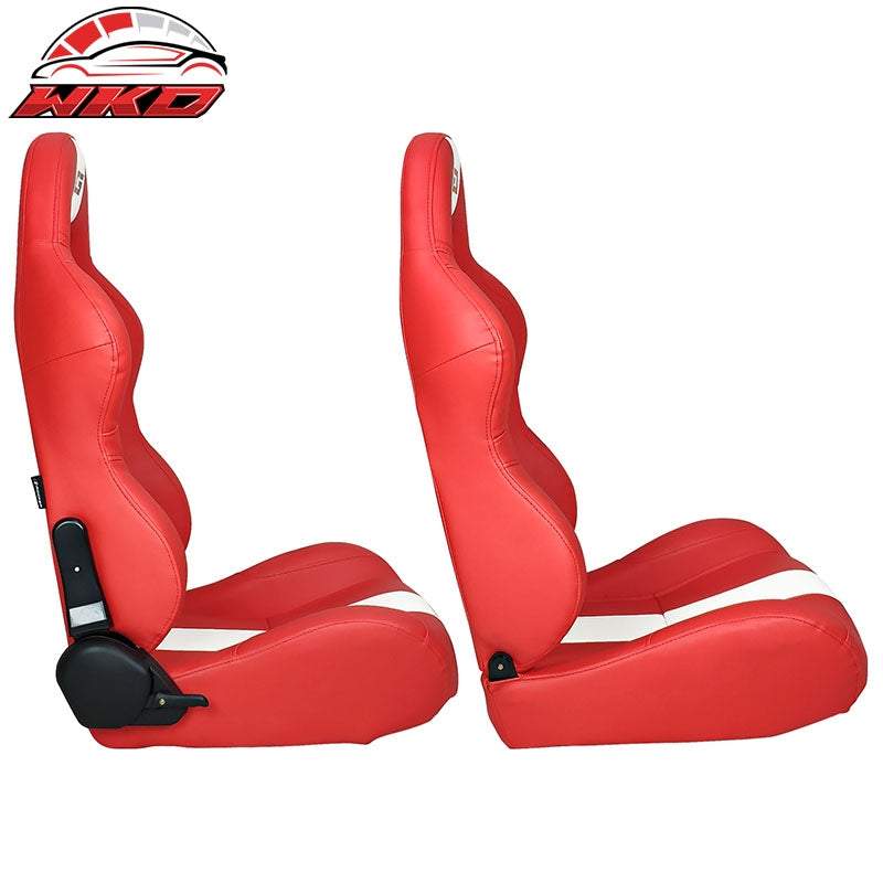 Universal Pair Reclinable Racing Seats  Dual Sliders Red PU Leather White Stripe