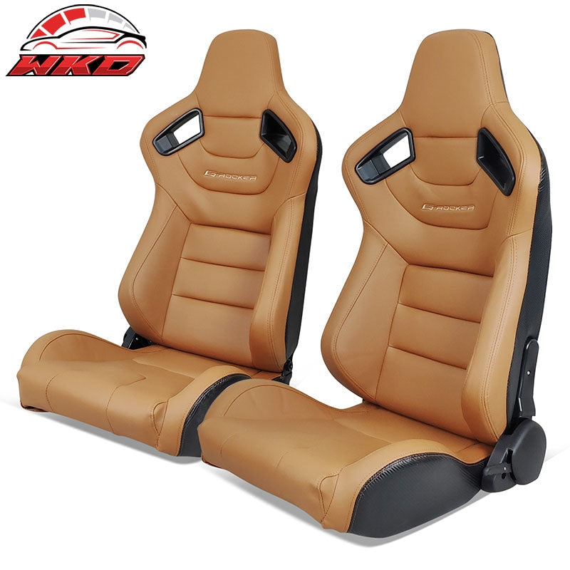 Wholesale Universal Pair Reclinable Racing Seats Dual Sliders Brown PU & Carbon Leather