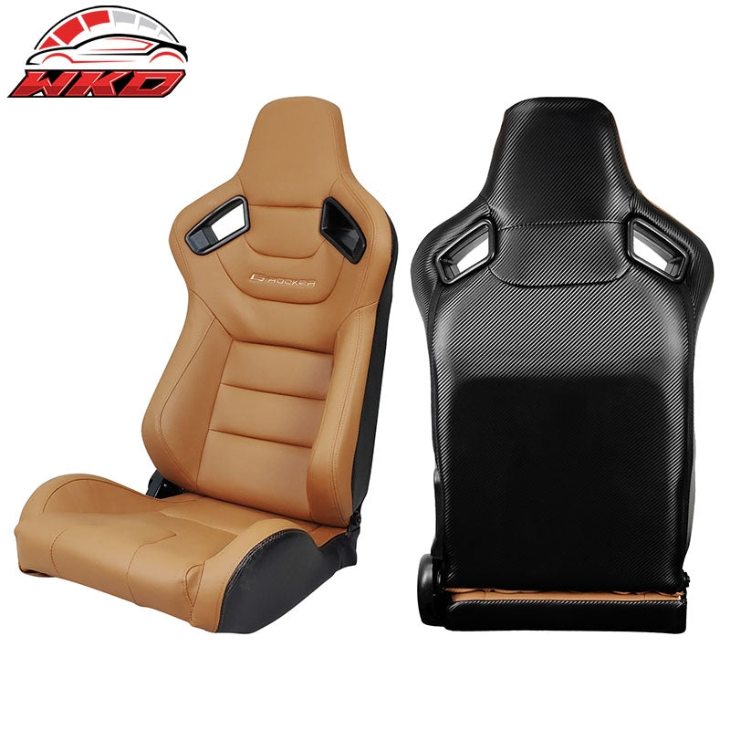 Universal Pair Reclinable Racing Seats Dual Sliders Brown PU & Carbon Leather