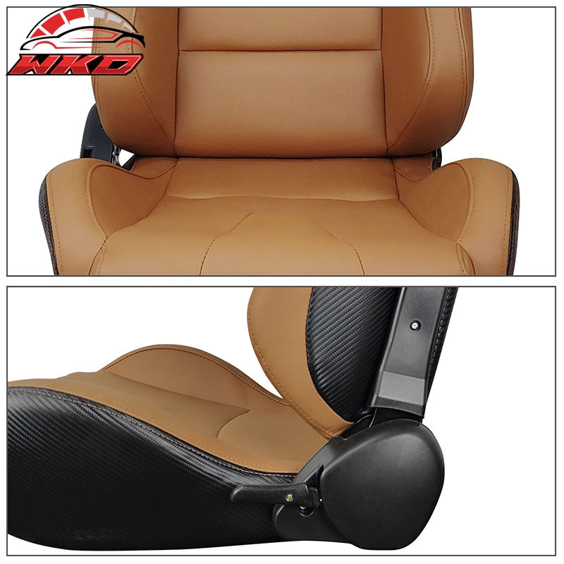 Universal Pair Reclinable Racing Seats Dual Sliders Brown PU & Carbon Leather
