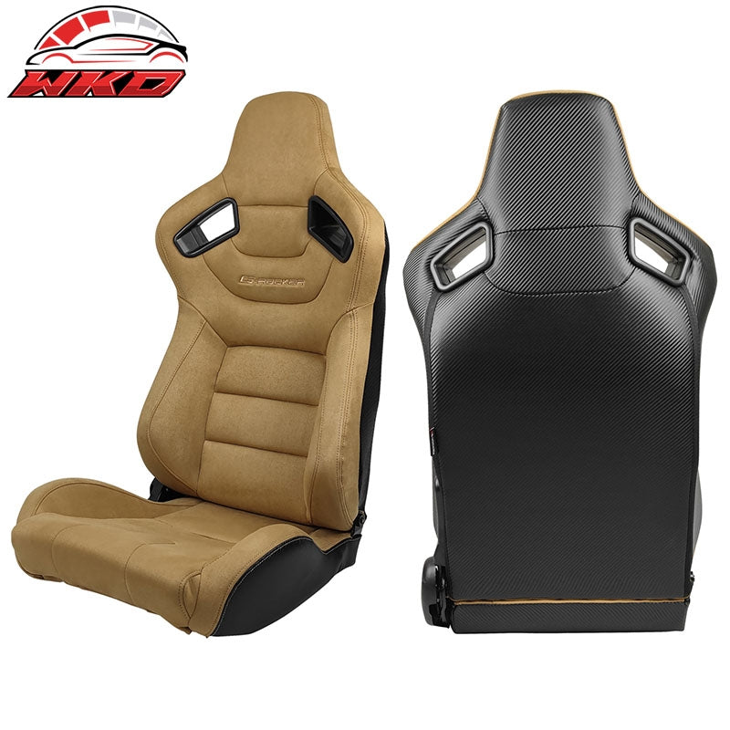 Universal Pair Reclinable Racing Seats Dual Sliders Brown Suede&Carbon Leather
