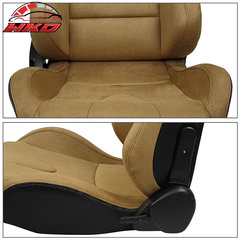Universal Pair Reclinable Racing Seats Dual Sliders Brown Suede&Carbon Leather
