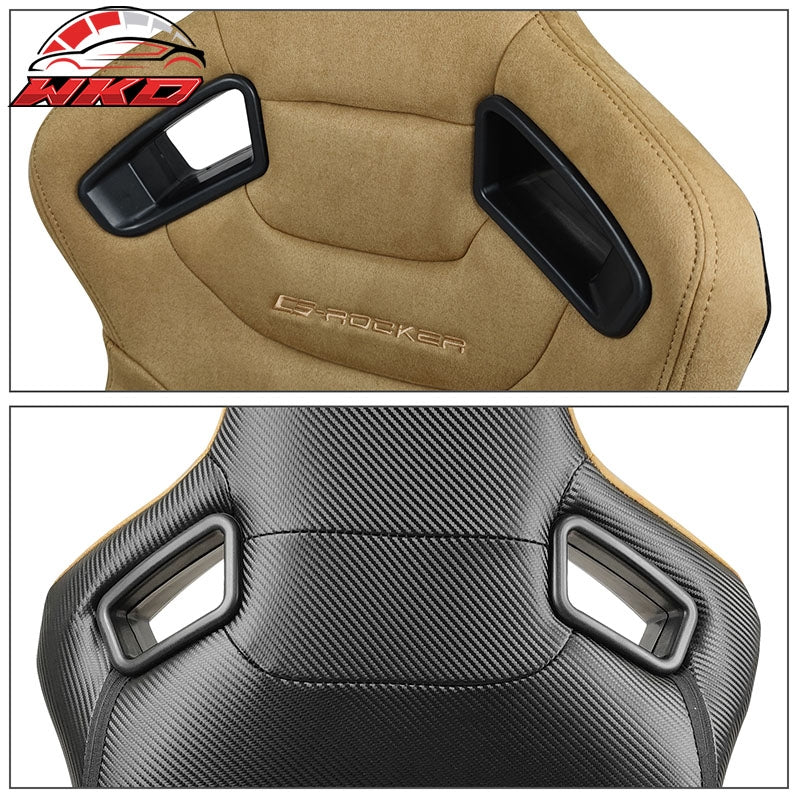 Universal Pair Reclinable Racing Seats Dual Sliders Brown Suede&Carbon Leather