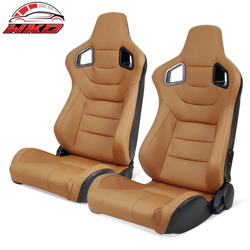 Wholesale Universal Pair Reclinable Racing Seats + Dual Sliders Brown PU Carbon Leather