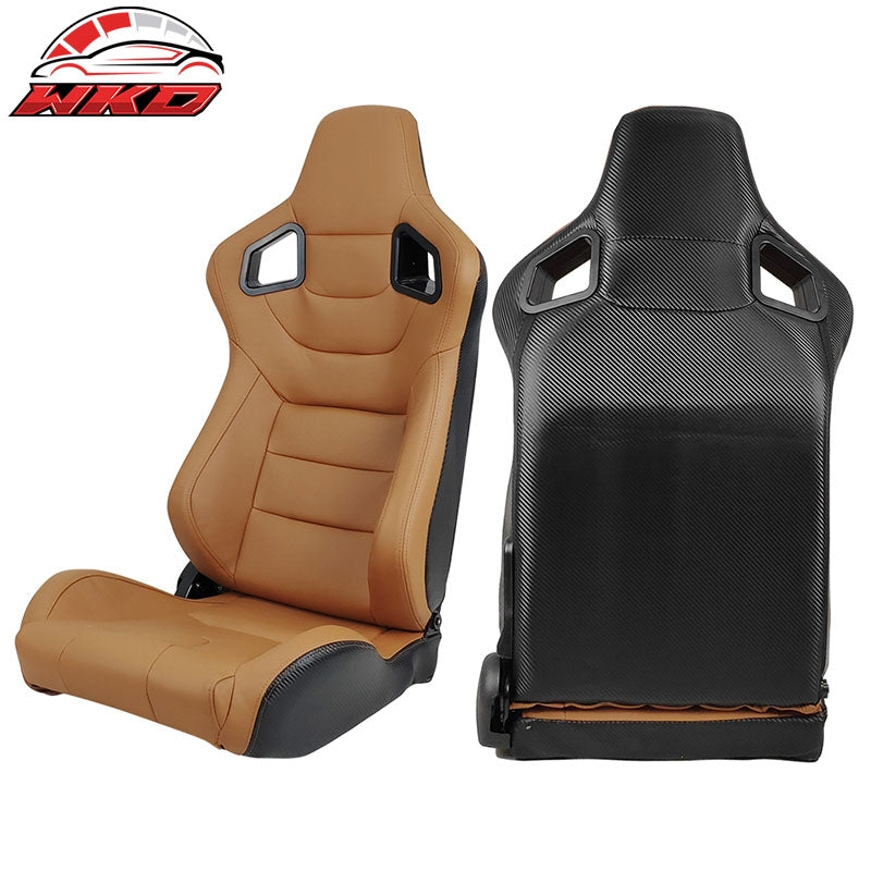 Universal Pair Reclinable Racing Seats + Dual Sliders Brown PU Carbon Leather