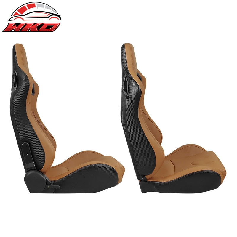 Universal Pair Reclinable Racing Seats + Dual Sliders Brown PU Carbon Leather
