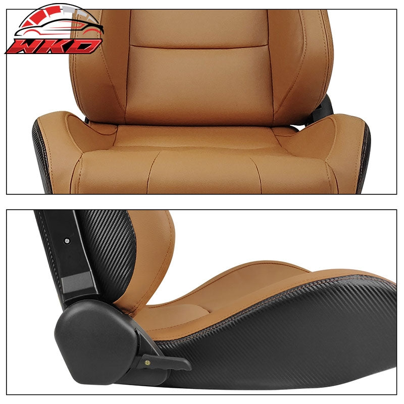 Universal Pair Reclinable Racing Seats + Dual Sliders Brown PU Carbon Leather