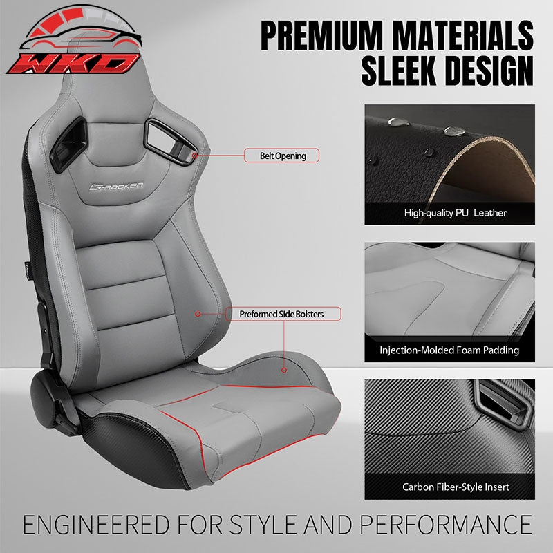 Universal Pair Reclinable Racing Seats Dual Sliders Grey PU&Carbon Leather Back