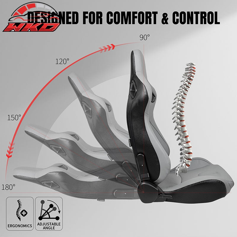 Universal Pair Reclinable Racing Seats Dual Sliders Grey PU&Carbon Leather Back