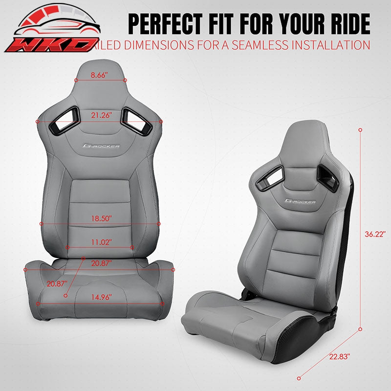 Universal Pair Reclinable Racing Seats Dual Sliders Grey PU&Carbon Leather Back
