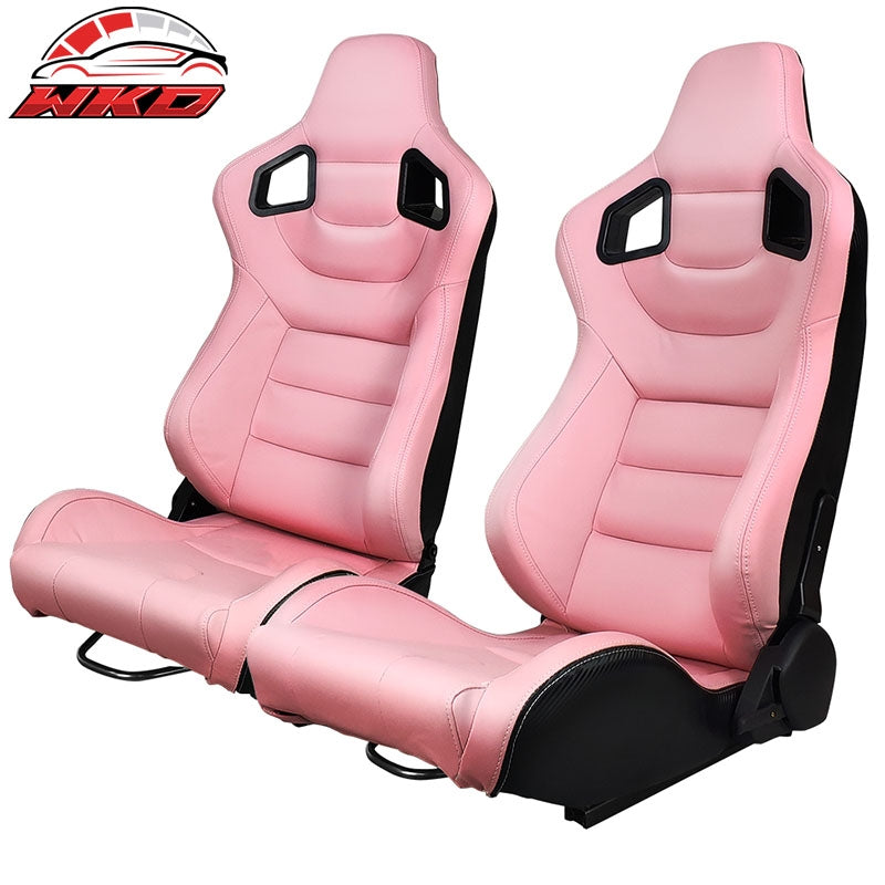 Wholesale Universal Pair Reclinable Racing Seats + Dual Sliders Pink PU Carbon Leather