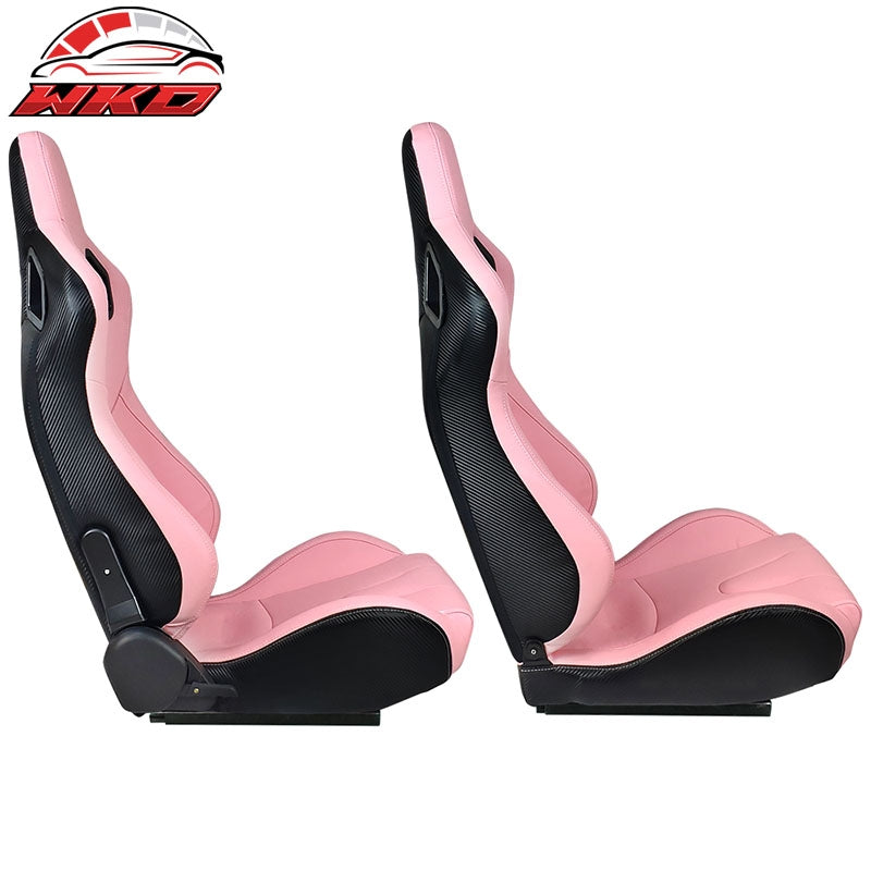 Universal Pair Reclinable Racing Seats + Dual Sliders Pink PU Carbon Leather