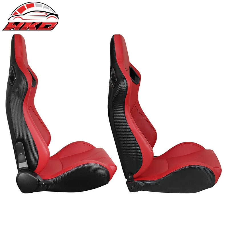 Universal Pair Reclinable Racing Seats + Double Sliders Red PU & Carbon Leather