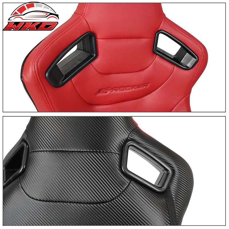 Universal Pair Reclinable Racing Seats + Double Sliders Red PU & Carbon Leather