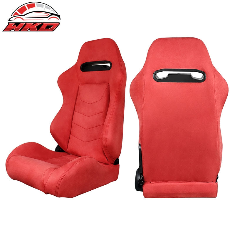 Pair Universal Reclinable Suede Racing Seats Dual Sliders Red