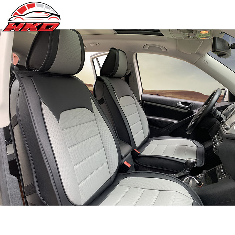 Universal Front Rear Car Seat Covers Black & Gray PU Leather 01 Style Full Set