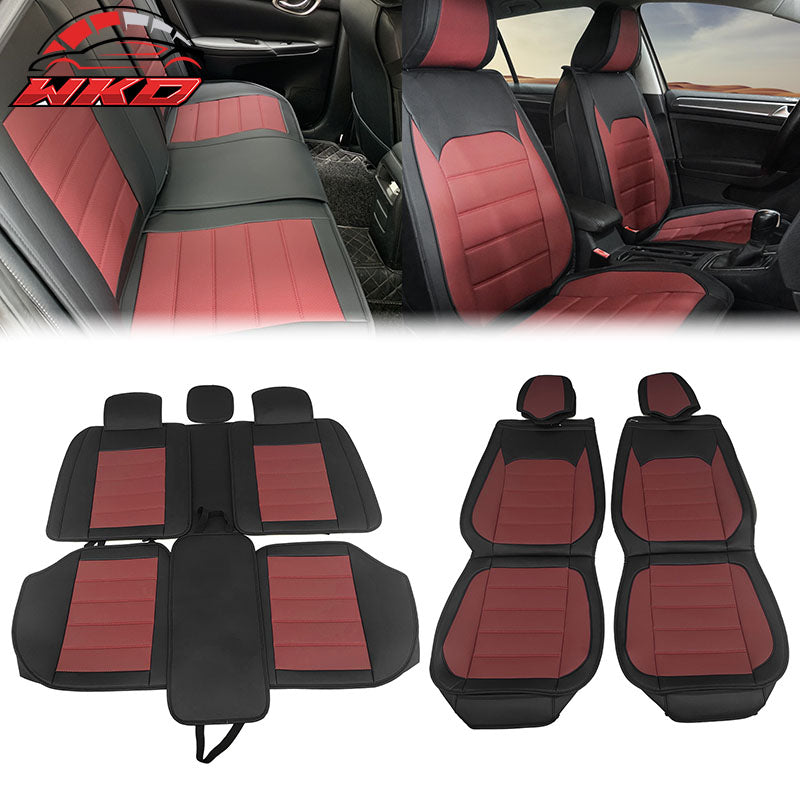 Universal Front Rear Car Seat Covers Black & Red PU Leather 01 Style Full Set