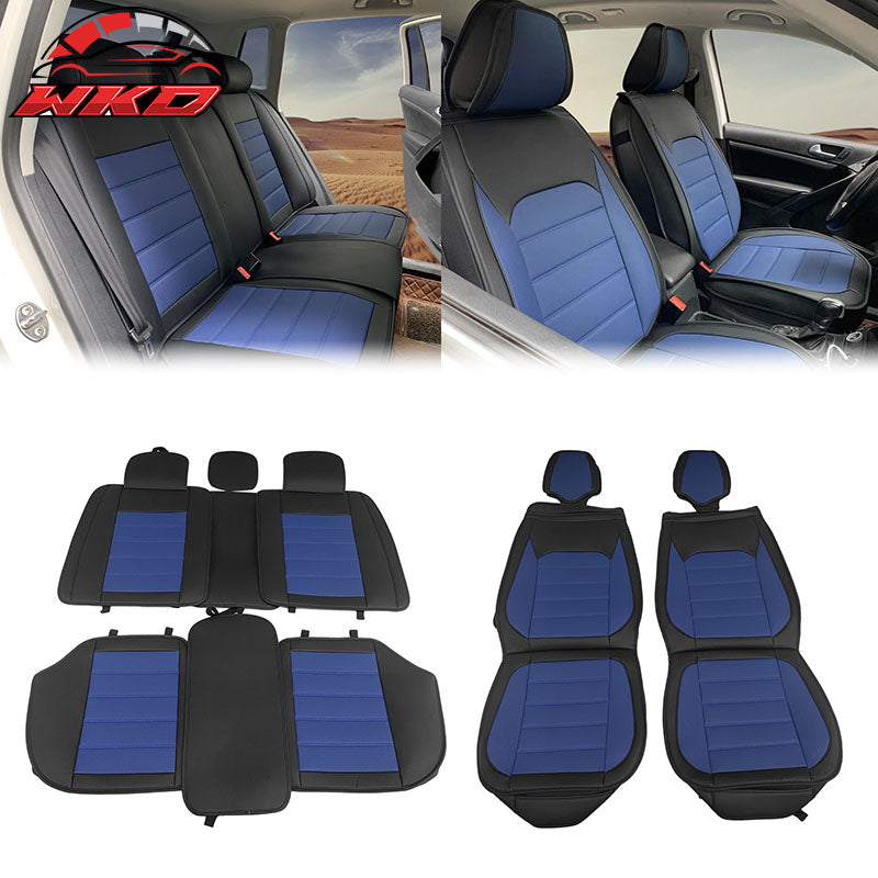 Universal Front Rear Car Seat Covers Black & Blue PU Leather 01 Style Full Set