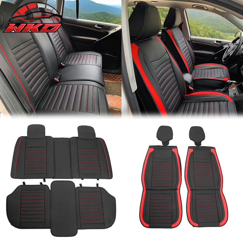 Universal Black & Red Striped Car Seat Covers PU Leather Full Set - 02 Style