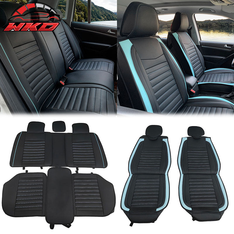 Universal Black & Blue Striped Car Seat Covers PU Leather Full Set - 02 Style