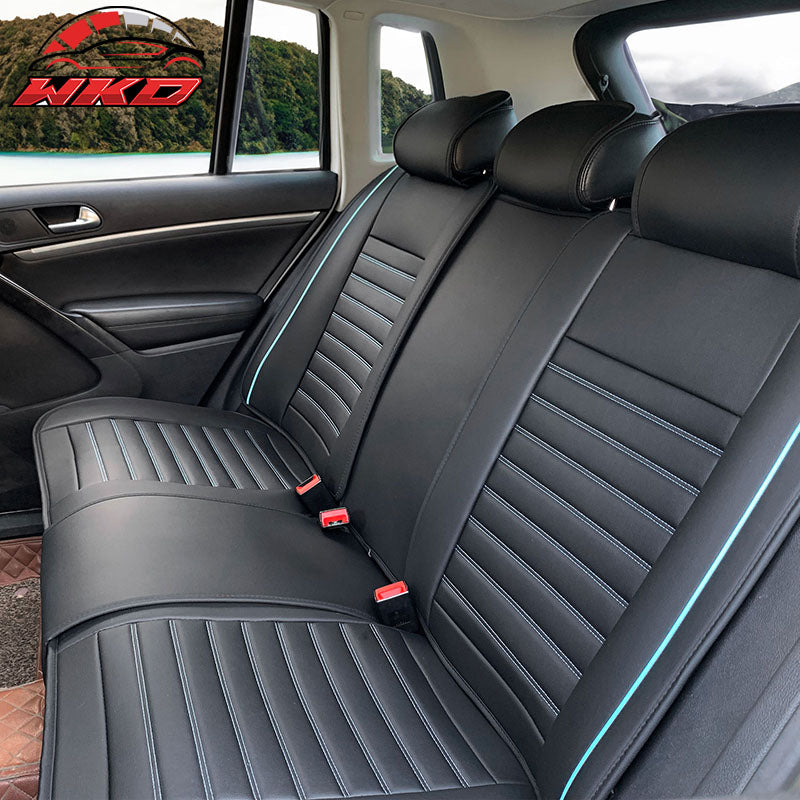 Universal Black & Blue Striped Car Seat Covers PU Leather Full Set - 02 Style