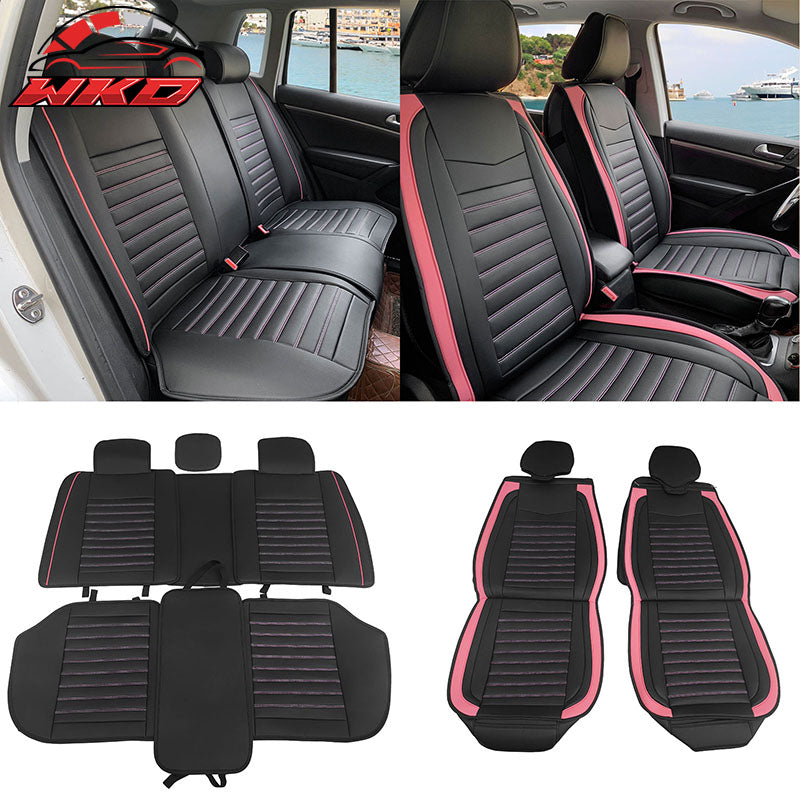Universal Black & Pink Striped Car Seat Covers PU Leather Full Set - 02 Style